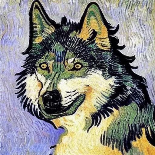 Image similar to retarded wolf portrait, van gogh style