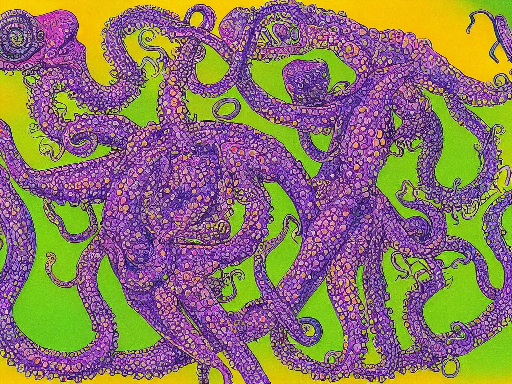 Prompt: chameleon and octopus, high detail, highly abstract, digital art, a bit vivid colors, a little bit touch of M. C. Escher