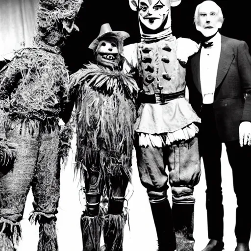Image similar to the character tik - tok from return to oz ( 1 9 8 5 ) standing next to the characters scarecrow and tinman from the wizard of oz ( 1 9 3 9 ), behind the scenes set photo