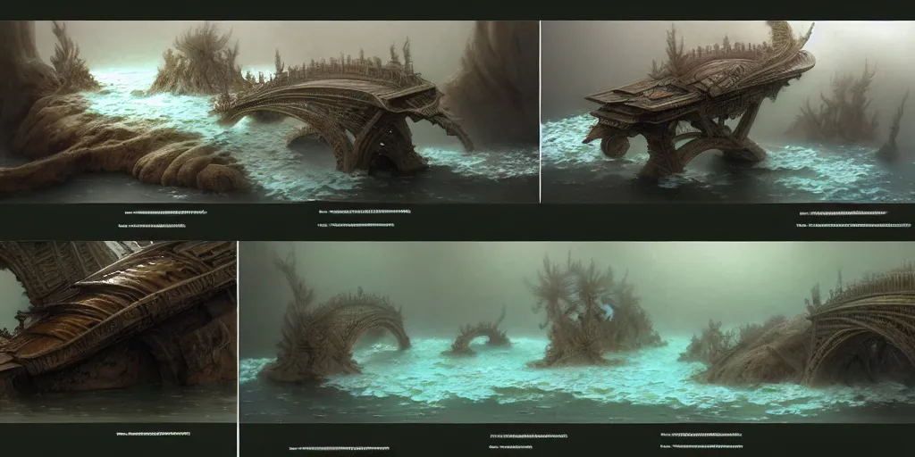 Image similar to study material with side perspective, transparent water River flow, realistic water foam,agua droplets, underwater, bridge made of water ,physically based rendering, defined features by ellen jewett, tomasz alen kopera and Justin Gerard