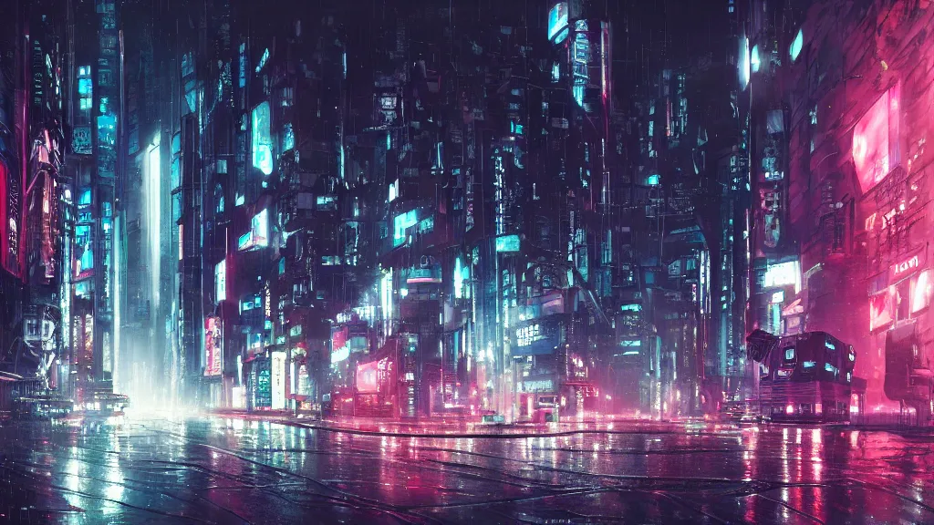 Image similar to cyberpunk london city. street view. night. raining. driving rain. digital render. digital painting. takaaki ito. cyril roland. ross tran. trending on artstation