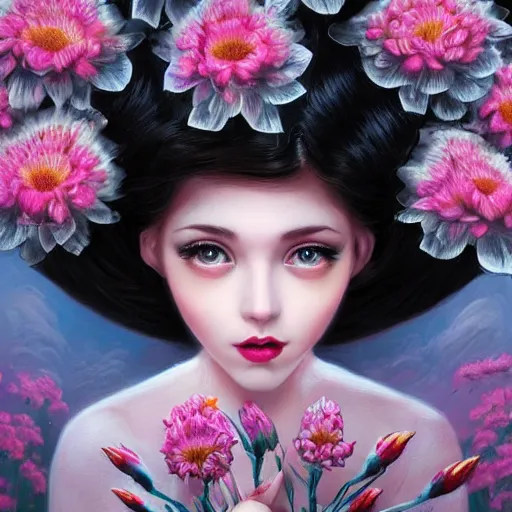 Prompt: an intelligent young women looking at the camera, she has a beautiful unconventional face, she is surrounded by an explosion of 3 d flowers, elegant, highly detailed, digital painting, artstation, art nouveau, concept art, pop, smooth, sharp focus, illustration, art by mark ryden 3 d 8 k ultra detailed