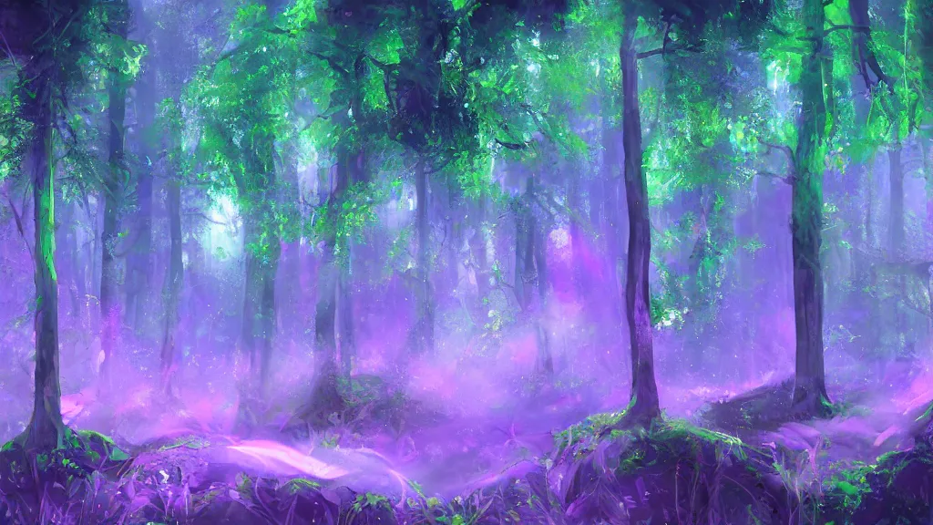 Prompt: portrait of an ethereal evergreen forest made of green and purple light, divine, cyberspace, mysterious, dark high-contrast concept art