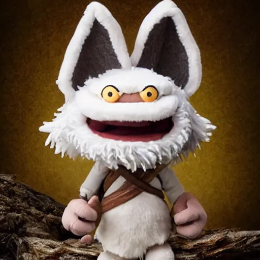 Prompt: dungeons and dragons egg white grung cleric as a chibi muppet plush wearing a big dark wolf pelt headdress and carrying a tiny sketch book and pencil, photorealistic, photography, national geographic, sesame street