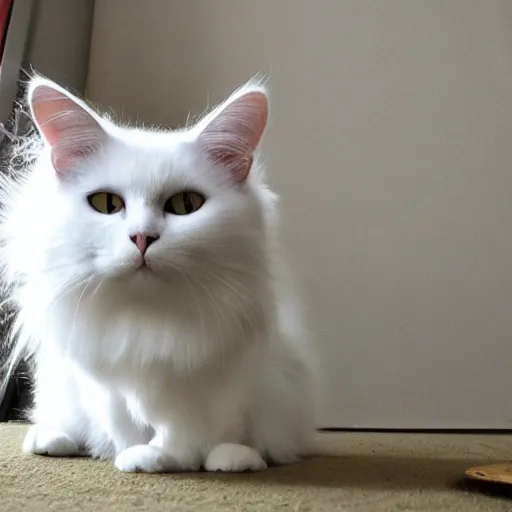 Prompt: white turkish angora cat mean look angry awkward