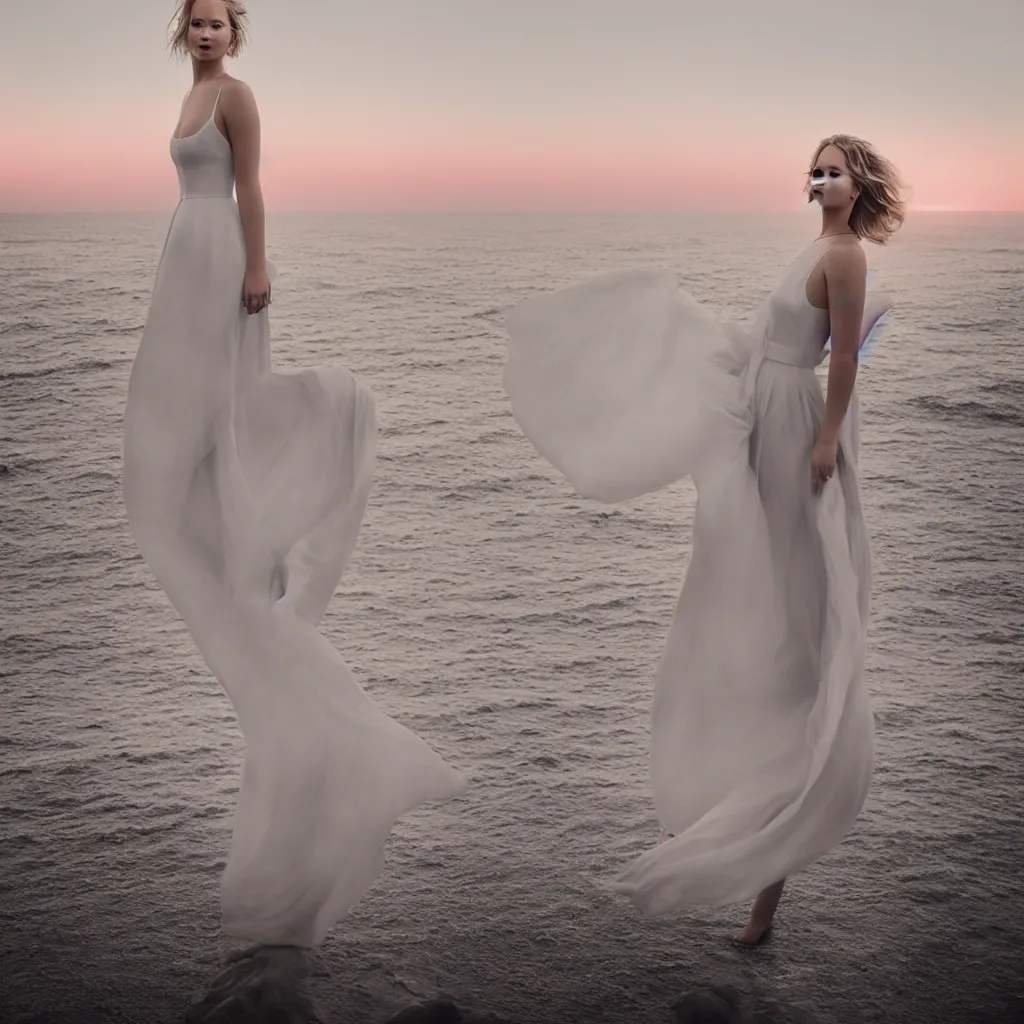 Image similar to a portrait photography of Jennifer Lawrence dress in white by Flora Borsi, with the sea behind, soft sunset lighting, pastel colors scheme, fine art photography, dramatic backgroung, 100 mm sigma art