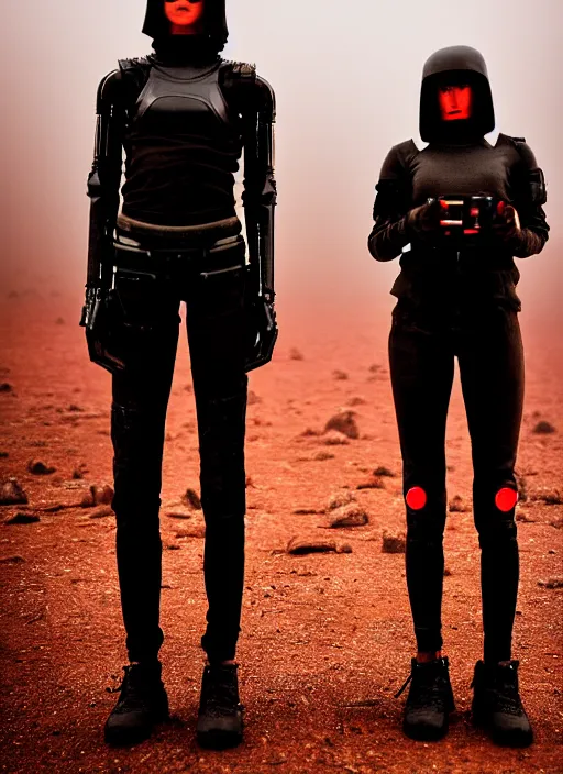 Image similar to cinestill 5 0 d photographic portrait of two loving female androids wearing rugged black techwear on a desolate plain with a red sky, extreme closeup, lizard on ground, cyberpunk style, in front of a brutalist dark metal facility, dust storm, 8 k, hd, high resolution, 3 5 mm, f / 3 2, ultra realistic faces