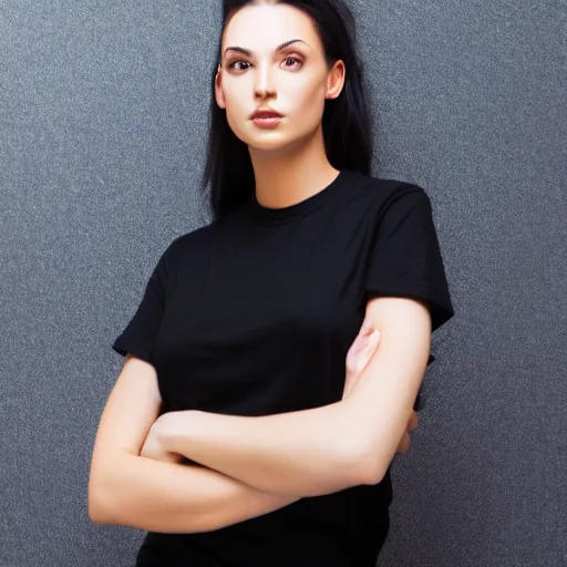 Prompt: clear photorealistic mockup product photograph of a blank black tshirt on an attractive female model in front of an indoor room background - h 7 0 4