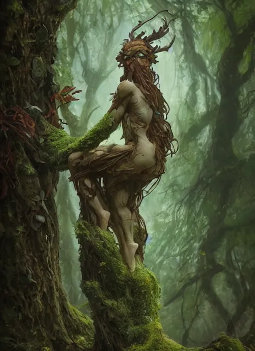 Image similar to a woodland spirit made of wood and moss, growing out of the side of a tree, beautiful high quality fantasy art, trending on artstation by artgerm and greg rutkowski and alphonse mucha