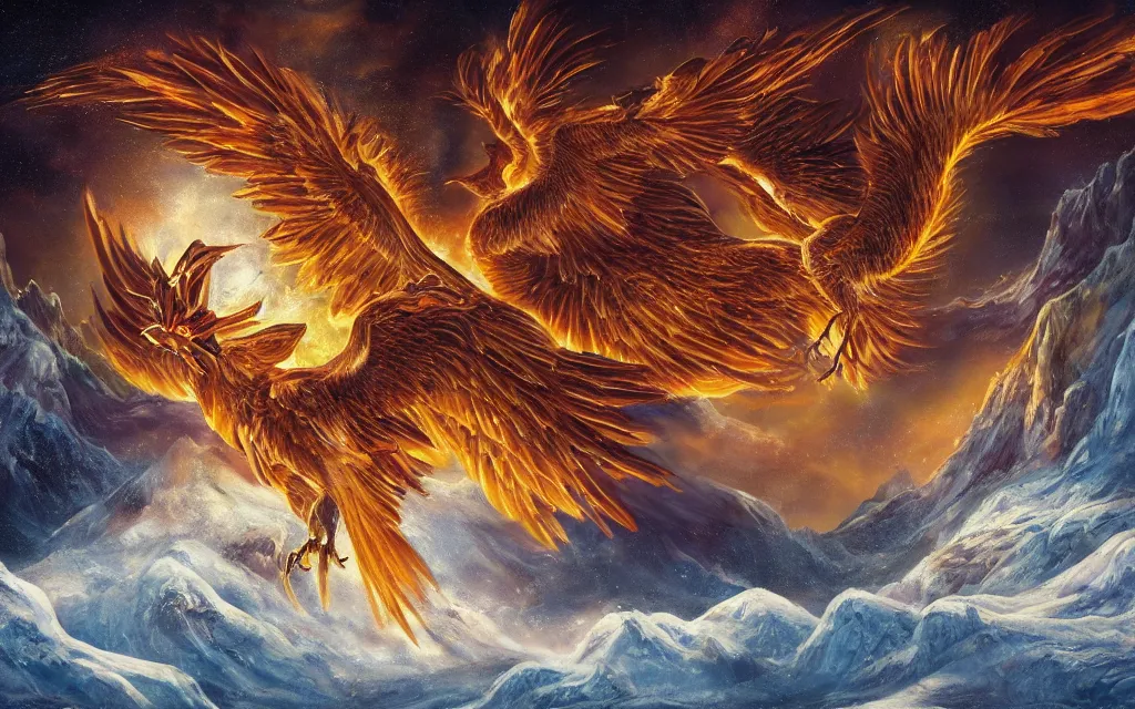 Image similar to game cg painting of a phoenix, a phoenix in a mountain range of ice and snow in nirvana