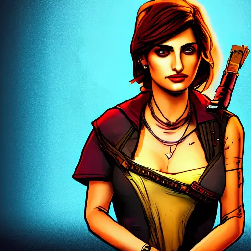 Image similar to penelope cruz portrait, borderlands, tales from the borderlands, the wolf among us, comic, cinematic lighting, studio quality, 8 k