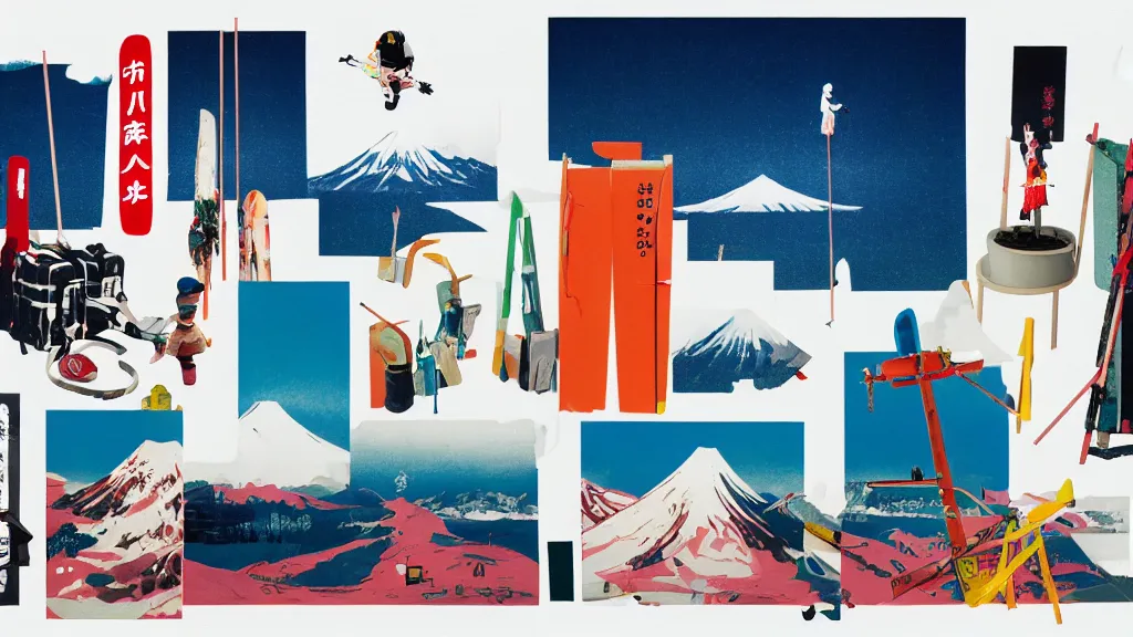 Prompt: an arrangement of skiing traveller props, japan, a collage painting, in the style of wes anderson, lola dupre, david hockney, isolated on negative white space background dark monochrome neon spraypaint accents volumetric octane render