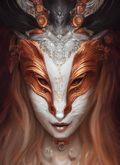 Image similar to a beautiful detailed oil on copper art illustration of a kitsune mask woman, centered, by charlie bowater, zeng fanzh, trending on artstation, dim dusk lighting, cinematic lighting, detailed lighting, volumetric lighting, realistic, f 8, 4 k hd wallpaper