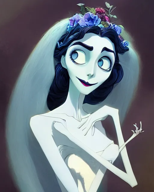 Prompt: still film, elegant mysterious gracious undead wanda in the corpse bride if made by krenz cushart and wenjun lin, portrait, illustration, rim light, top light, summer clear blue sky, perfectly shaded, soft painting, epic, intricate, art