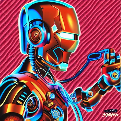 Image similar to artgerm, psychedelic laughing cybertronic ironman, rocking out, headphones dj rave, digital artwork, r. crumb, svg vector