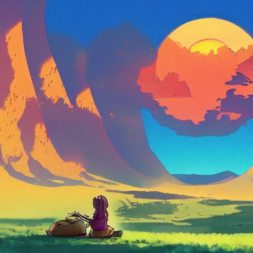 Image similar to sunset in the desert, fantasy art, illustration, animated film, by studio ghibli