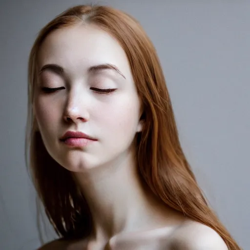 Prompt: photorealistic portrait of a beautiful young woman, very blurry, out of focus, translucent stone white skin, closed eyes, foggy, closeup, ( ( thin neck ) )
