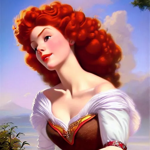 Prompt: portrait of Princess Merida, dreamy and ethereal, expressive pose, peaceful expression, elegant, highly detailed, digital painting, artstation, concept art, smooth, sharp focus, by gil elvgren