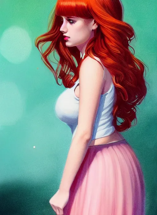 Image similar to full body portrait of teenage cheryl blossom, bangs, green eyes, sultry expression, red hair, sultry smirk, bangs and wavy hair, pink skirt, fat, intricate, elegant, glowing lights, highly detailed, digital painting, artstation, concept art, smooth, sharp focus, illustration, art by wlop, mars ravelo and greg rutkowski