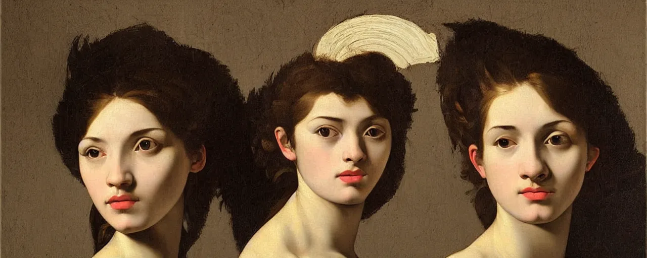 Image similar to painting by caravaggio, young woman, detailed, stunning, realistic skin color