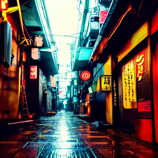 Prompt: a cinematic shot of a Tokyo Alleyway at night, in the style of blade runner, colorful, neon, high resolution