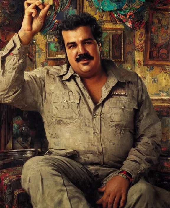 Image similar to portrait of pablo escobar, joyful, highly detailed painting by gaston bussiere, craig mullins, j. c. leyendecker 8 k,