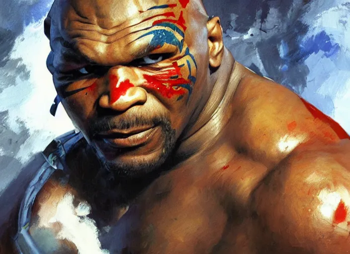 Image similar to a highly detailed beautiful portrait of mike tyson as kratos, by gregory manchess, james gurney, james jean