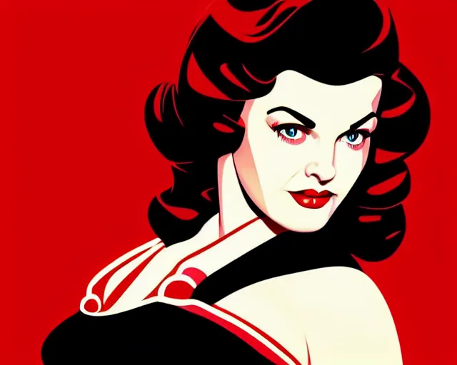 Prompt: young sherilyn fenn, twin peaks, red curtain background, retro futurism, half portrait by stanley artgerm, dramatic lighting, ilya kuvshinov, trending on artstation, flat colour, geometric curves, gradient filter, pleasing tone colours, 5 0 s style