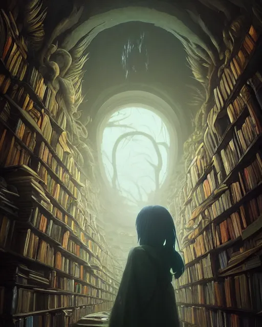 Image similar to highly detailed surreal vfx portrait of a creepy monster in a catacomb of books, stephen bliss, unreal engine, greg rutkowski, loish, rhads, beeple, makoto shinkai and lois van baarle, ilya kuvshinov, rossdraws, tom bagshaw, alphonse mucha, global illumination, detailed and intricate environment