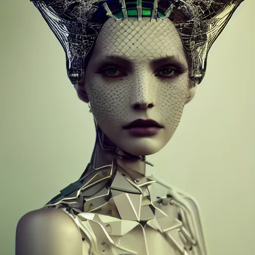 Image similar to closeup portrait of an absurdly beautiful, graceful, sophisticated, fashionable cyberpunk mechanoid gravure idol, an ultrafine hyperdetailed illustration by irakli nadar, matt wisniewski style, fashion photography, intricate linework, porcelain skin, jellyfish headdress, unreal engine 5 highly rendered, global illumination, radiant light, detailed and intricate environment