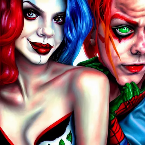 Image similar to harley quinn and poison ivy romance, hyper detailed masterpiece, digital art painting, realism aesthetic