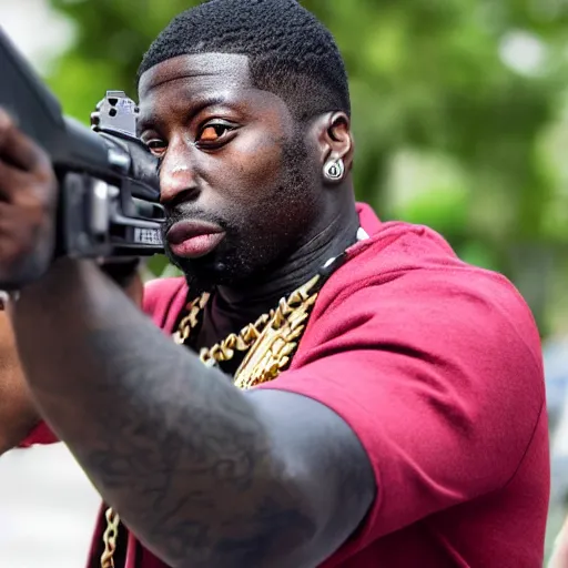 Image similar to angry gucci mane shooting and terrorizing people in the hood, 8k resolution, full HD, cinematic lighting, award winning, anatomically correct