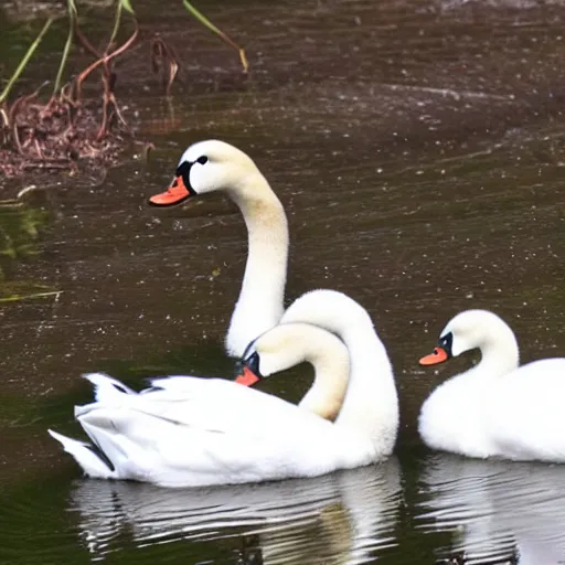 Image similar to a crossbreed of wild duck and a swan, with chicks, photo