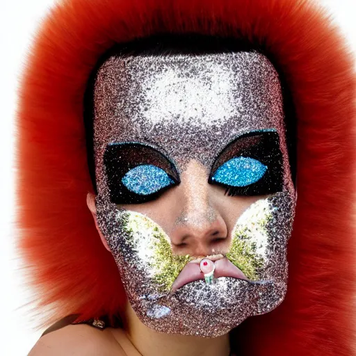 Prompt: bizarre fashion photo shoot, glitter, metallic, fuzzy, texture