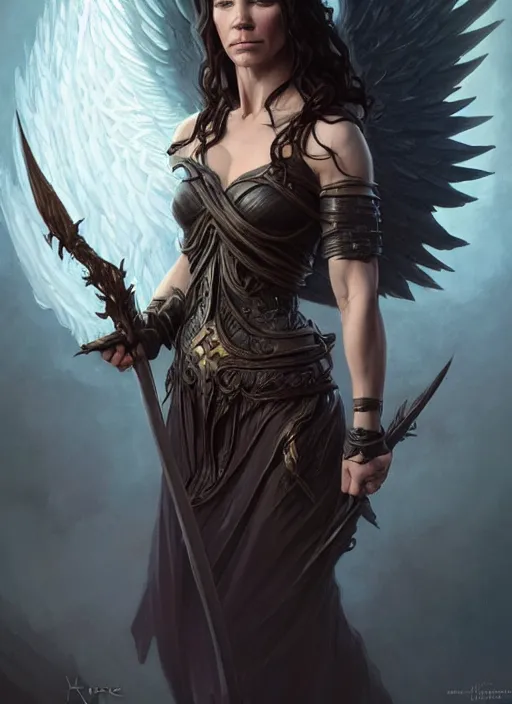 Image similar to evangeline lilly as the angel of death, deep focus, d & d, fantasy, intricate, elegant, highly detailed, digital painting, artstation, concept art, matte, sharp focus, illustration, hearthstone, art by artgerm and greg rutkowski and alphonse mucha