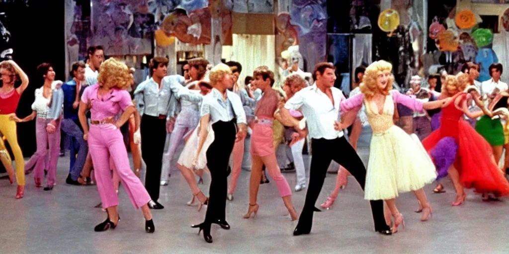 Prompt: Still of Grease (1976) with a disco dance interpreted by Fred Astaire and Ginger Rogers, cinematic, technicolor