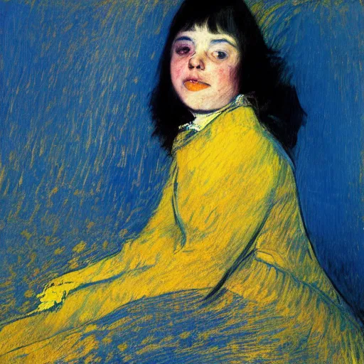 Image similar to palette knife oil painting portrait of a girl in a blue and gold room, film still by goya, by henri de toulouse - lautrec, extreme detail, liminal aesthetic, artgerm, deviant art, octane, substance, art history 8 k, art nouveau