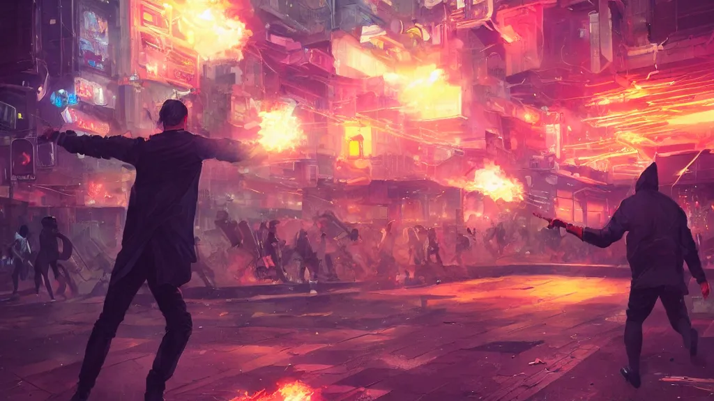 Image similar to angry protester throwing a rock, digital illustration by greg rutkowski, android netrunner, nighttime, cyberpunk city backgrounds, colored lighting