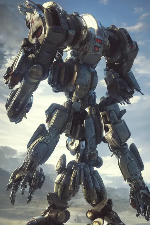 Image similar to mechwarrior 5 : mercenaries mech megaman transformer robot boss tank engine game octane render, 4 k, hd 2 0 2 2 3 d cgi rtx hdr style chrome reflexion glow fanart, global illumination ray tracing hdr fanart arstation by ian pesty by jesper ejsing pixar and disney unreal zbrush central hardmesh