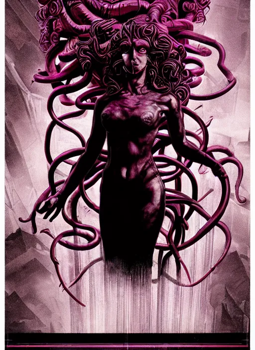Image similar to dark design poster showing a statue of medusa, black background with very subtle red and purple design elements, powerful, ominous, nekro, guido crepax, thin straight lines, dark, glitch art, neo vaporwave, gritty, layout frame, square, trending on artstation