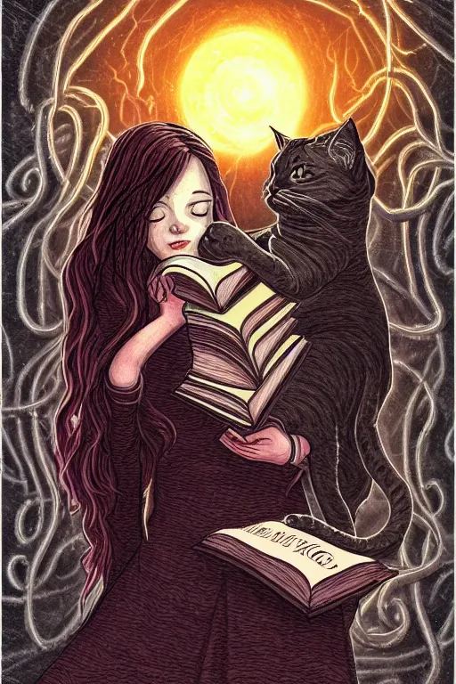 Image similar to ai illustration of romantic girl, her cat and her book of necronomicon, symmetrical, cinematic, sharp focus, 4 k, ultra hd, sense of awe, sinister demonic atmosphere, dreadful, forbidden knowledge, old gods, cthulhu, yog - sothoth! yah, yah, yah! cultist journal cover