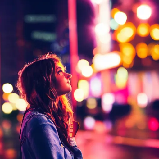 Prompt: award winning photo of a pretty young woman gazing into the distance longingly, she is in the rain at night surrounded by neon lights, bokeh, 5 0 mm, f 1. 8