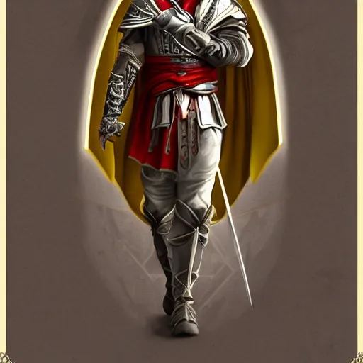 Image similar to an ultra detailed vector image of ezio auditore dressed as solaire of astora, concept art by alphonse mucha and greg rutkowski, praise the blood moon, octane render, liminal space