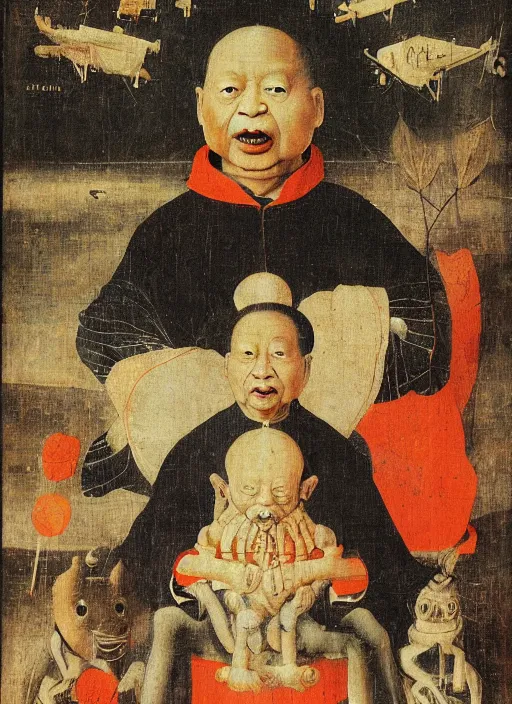 Image similar to Xi Jinping by Hieronymus Bosch and James Jean, rule of thirds, highly detailed features, perfect symmetry, horror elements, horror theme, award winning, totalitarian setting