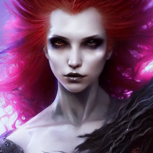 Prompt: kerli koiv as a fire genasi, flaming hair, darkwave, darksynth, concept headshot art, sharp, digital matte painting, art by luis royo, greg rutkowski, wlop, dramatic lighting, trending on artstation