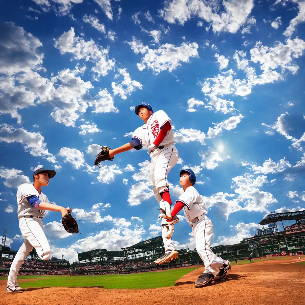Prompt: poster of young baseball player winning in koshien stadium, blue sky and white clouds, the feeling of summer, intricate, highly detailed, 8 k