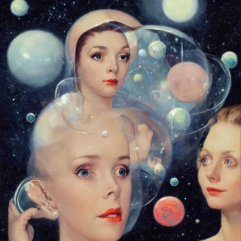 Prompt: portrait painting of a beautiful alien woman with big eyes in space, by norman rockwell. close - up view. floating glowing bubbles. muted colors, soft gradients. dark background. trending on artstation. retrofuturism.