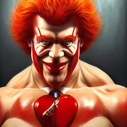 Image similar to portrait of Ronald McDonald as Alex Jones, muscular, wild, upper body, D&D, fantasy, intricate, cinematic lighting, highly detailed, digital painting, artstation, concept art, smooth, sharp focus, illustration, art by Hajime Sorayama