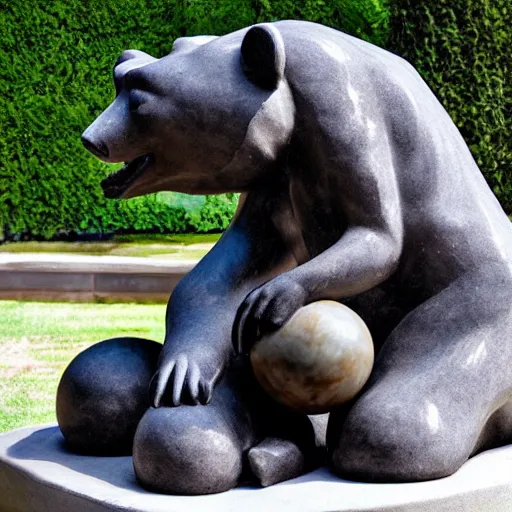 Prompt: marble statue of a bear with a ball in its mouth