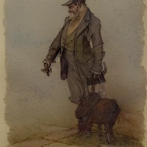 Prompt: portrait of a character standing and facing front looking strait ahead with a muted color watercolor sketch of story book character ifrom the book Baltimore & Redingote by Jean-Baptiste Monge of an old man in the style of by Jean-Baptiste Monge that looks like its by Jean-Baptiste Monge and refencing Jean-Baptiste Monge